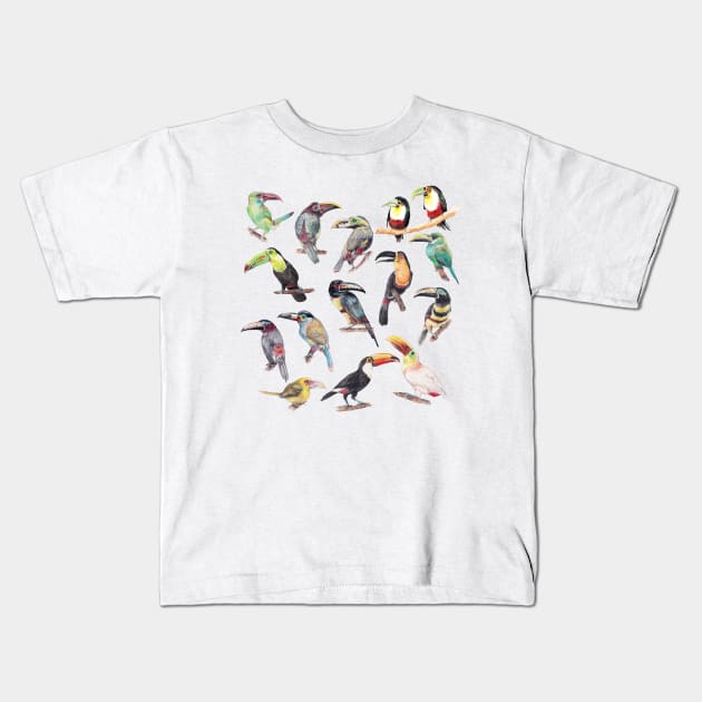 A Flock of Watercolor Toucans Kids T-Shirt by wanderinglaur